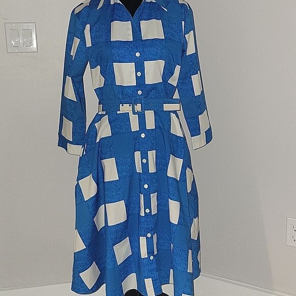 Samantha Sung Blue Patterned Dress Cotton,size 10 - Picture 5 of 9
